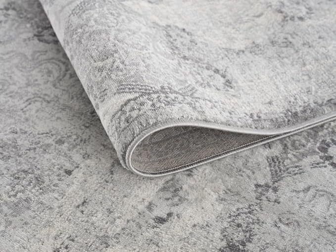 Close-up of a gray, patterned rug