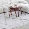 Modern coffee table on patterned rug in living room.