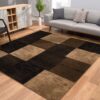 Brown and black checkered rug in living room.