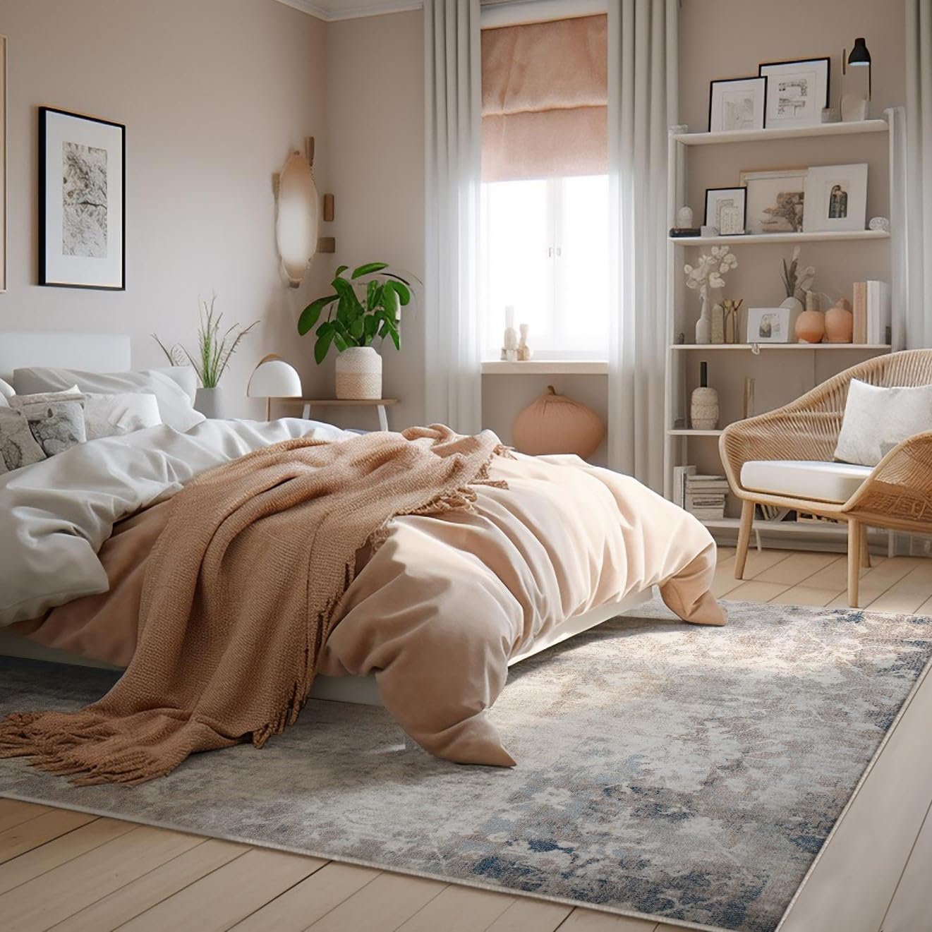 Cozy bedroom with neutral tones and modern decor.