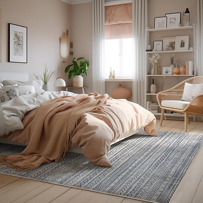 Cozy bedroom with modern decor and natural light.