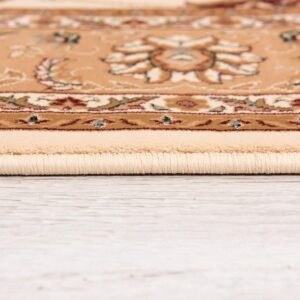 Detailed beige floral carpet on wooden floor