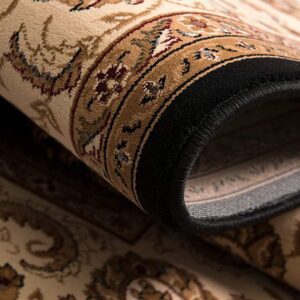 Rolled-up ornate beige Persian-style rug