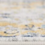 Close-up of textured yellow and blue carpet edge.