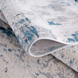 Close-up of abstract blue and gray patterned carpet.