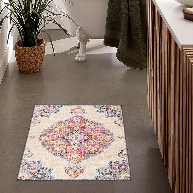 Colorful rug in modern bathroom setting