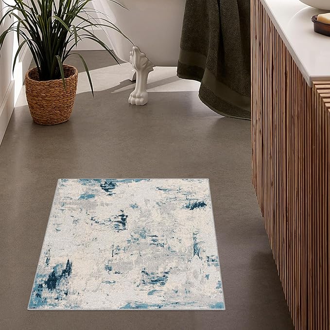 Modern bathroom with abstract design rug