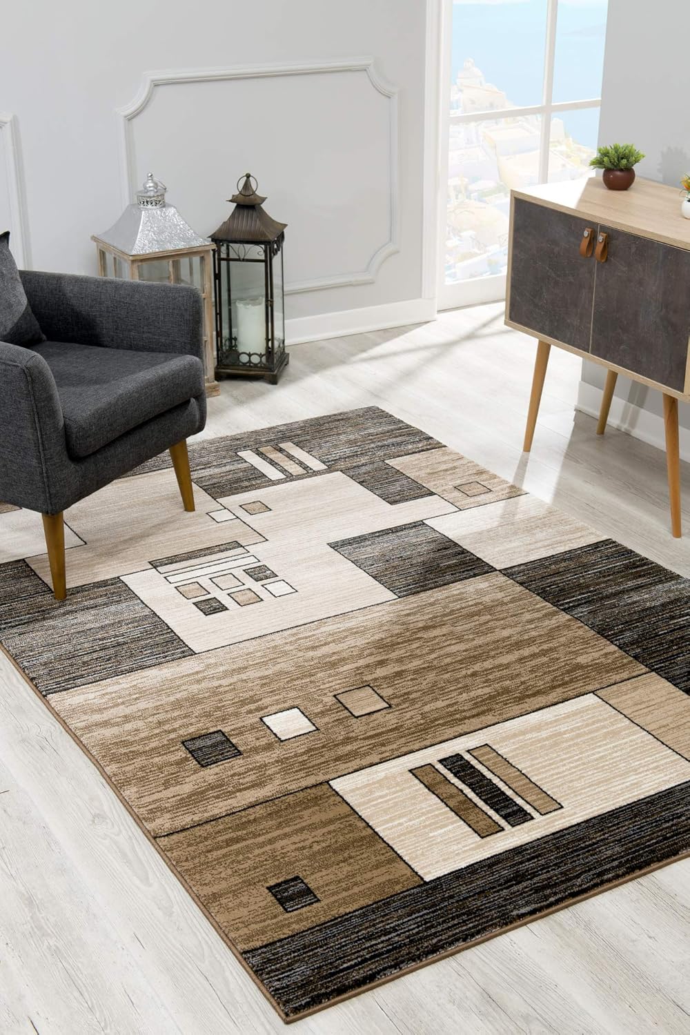 Modern geometric rug in stylish living room.