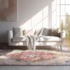 Cozy living room with couch and colorful rug.