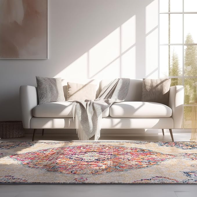 Cozy living room with couch and colorful rug.