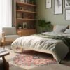 Cozy bedroom with plants and colorful rug.