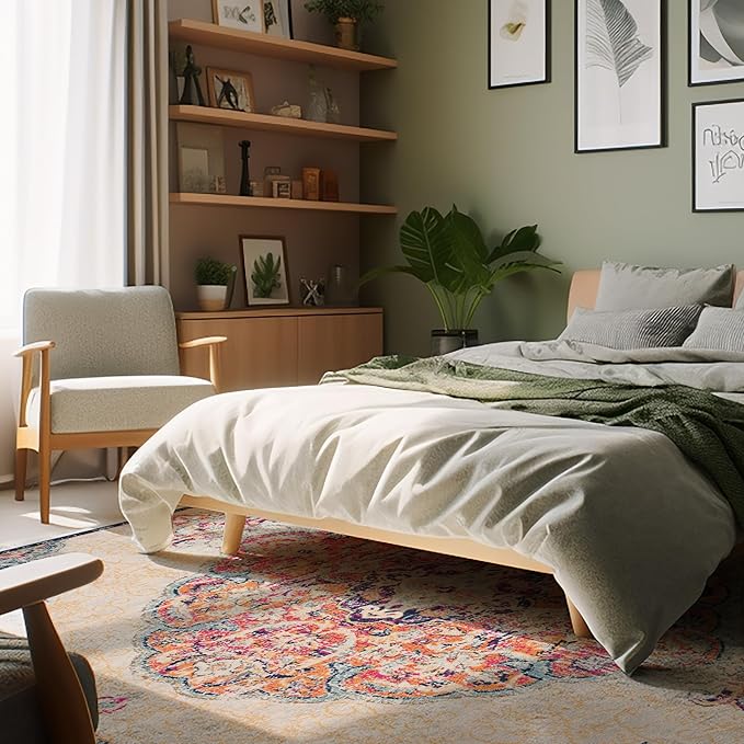 Cozy bedroom with plants and colorful rug.