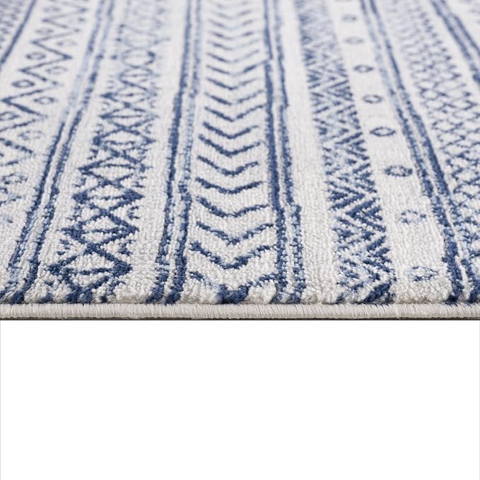 Blue and white patterned rug close-up