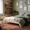 Cozy bedroom with plants and wall art.