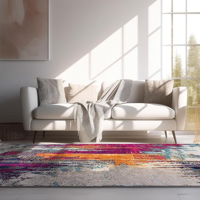 Modern living room with colorful abstract rug