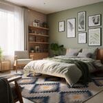 Cozy bedroom with green accents and wall art.