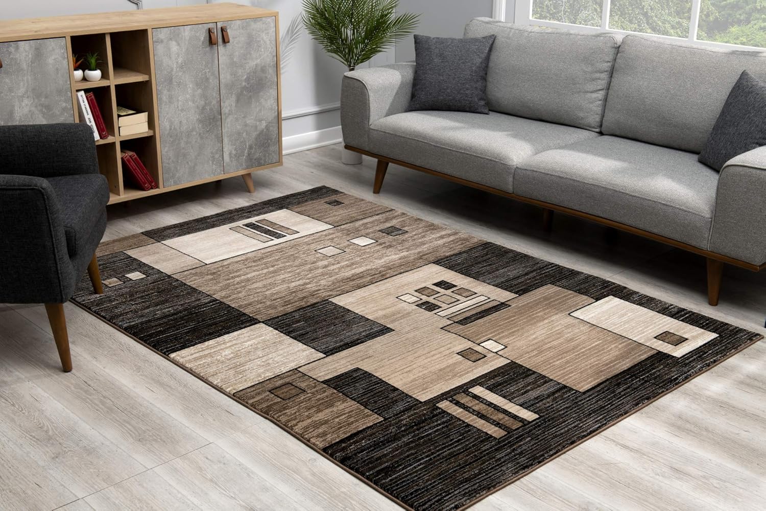 Modern living room with geometric pattern rug