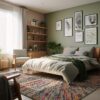 Modern bedroom with green accents and wall art.