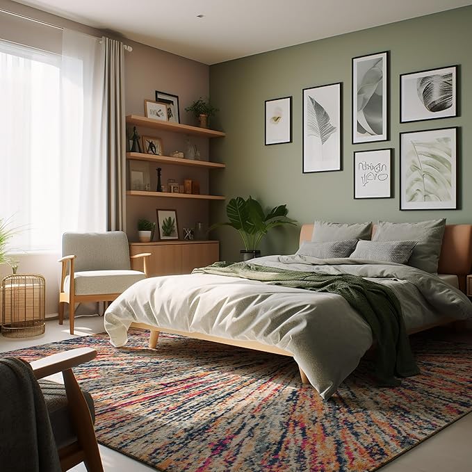 Modern bedroom with green accents and wall art.