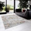 Modern living room with patterned area rug.