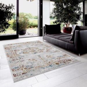 Modern living room with patterned area rug.