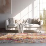 Cozy living room with colorful rug and white sofa.