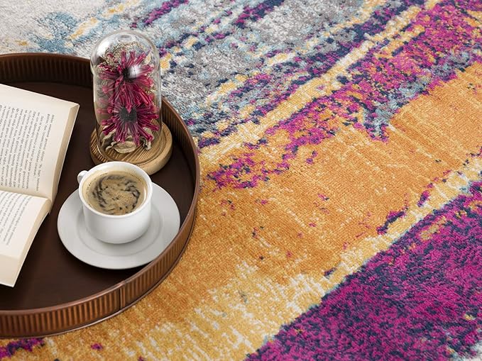 Coffee on tray with book and flowers on rug