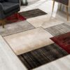 Modern area rug with geometric pattern on floor.