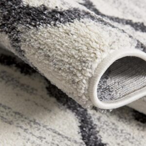 Close-up of rolled gray and white area rug.