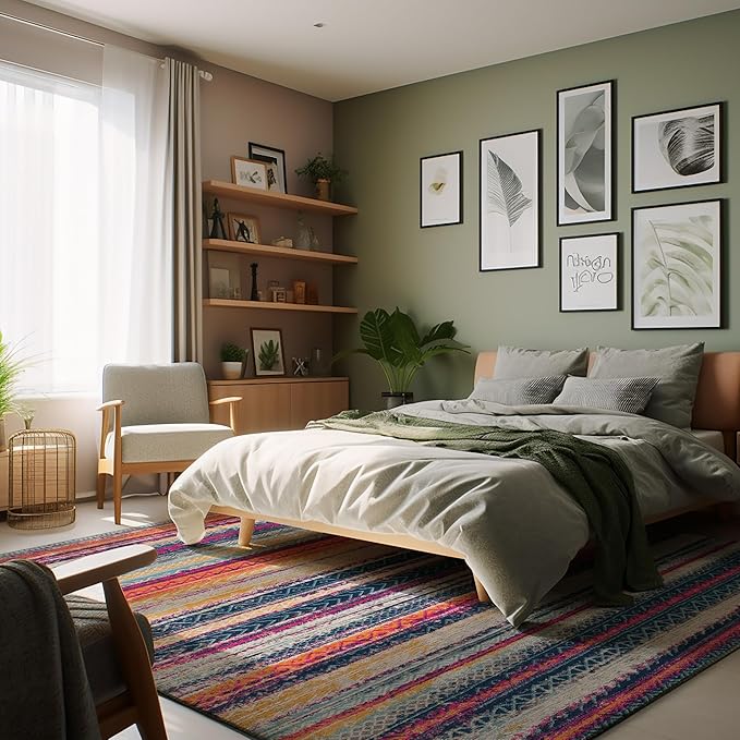 Cozy bedroom with green wall and colorful rug.