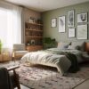 Cozy bedroom with green decor and natural light.