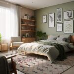 Cozy bedroom with green decor and natural light.