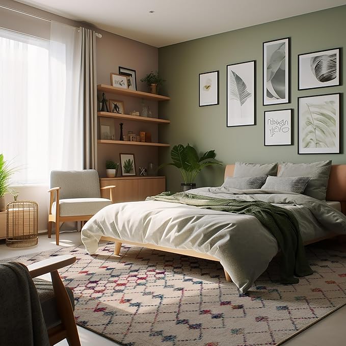 Cozy bedroom with green decor and natural light.