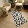 Geometric patterned rug between two modern chairs.
