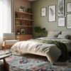 Cozy bedroom with plants and artwork on walls.