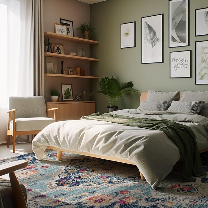 Cozy bedroom with plants and artwork on walls.