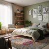 Cozy bedroom with artwork and colorful rug.