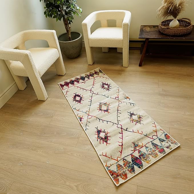 Patterned rug in modern room with chairs