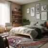 Modern bedroom with art-decor walls and cozy bed.