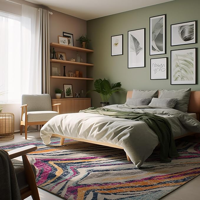 Modern bedroom with art-decor walls and cozy bed.