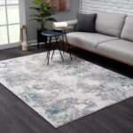 Modern living room with abstract patterned rug.