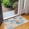 Colorful floral doormat at open door entrance