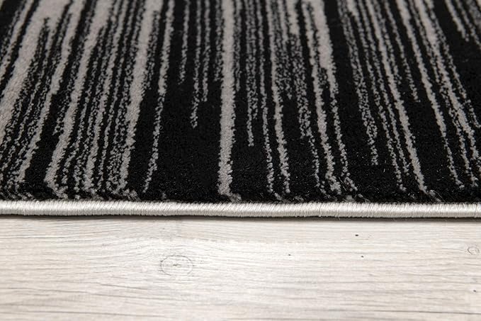 Black and gray striped rug on wooden floor.