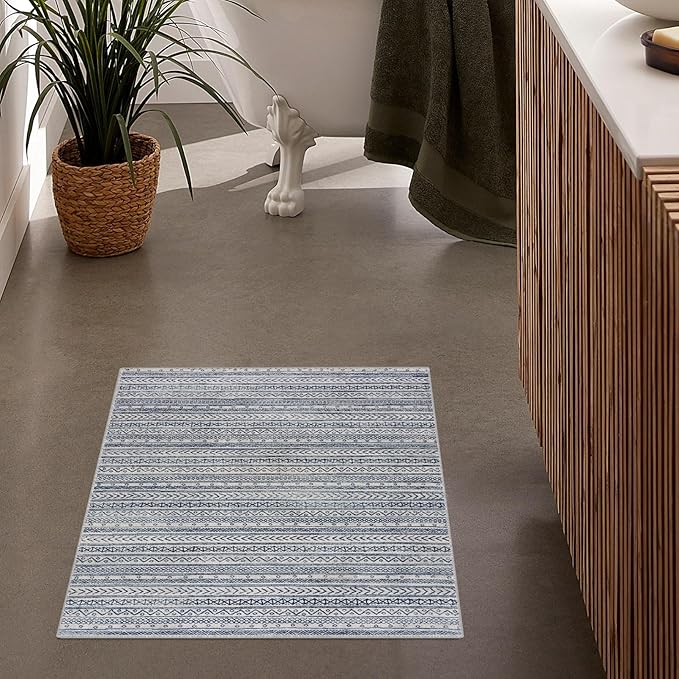 Bathroom with patterned rug and plant