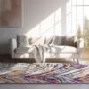 Modern living room with colorful abstract rug.