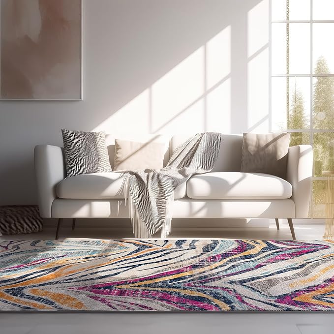 Modern living room with colorful abstract rug.
