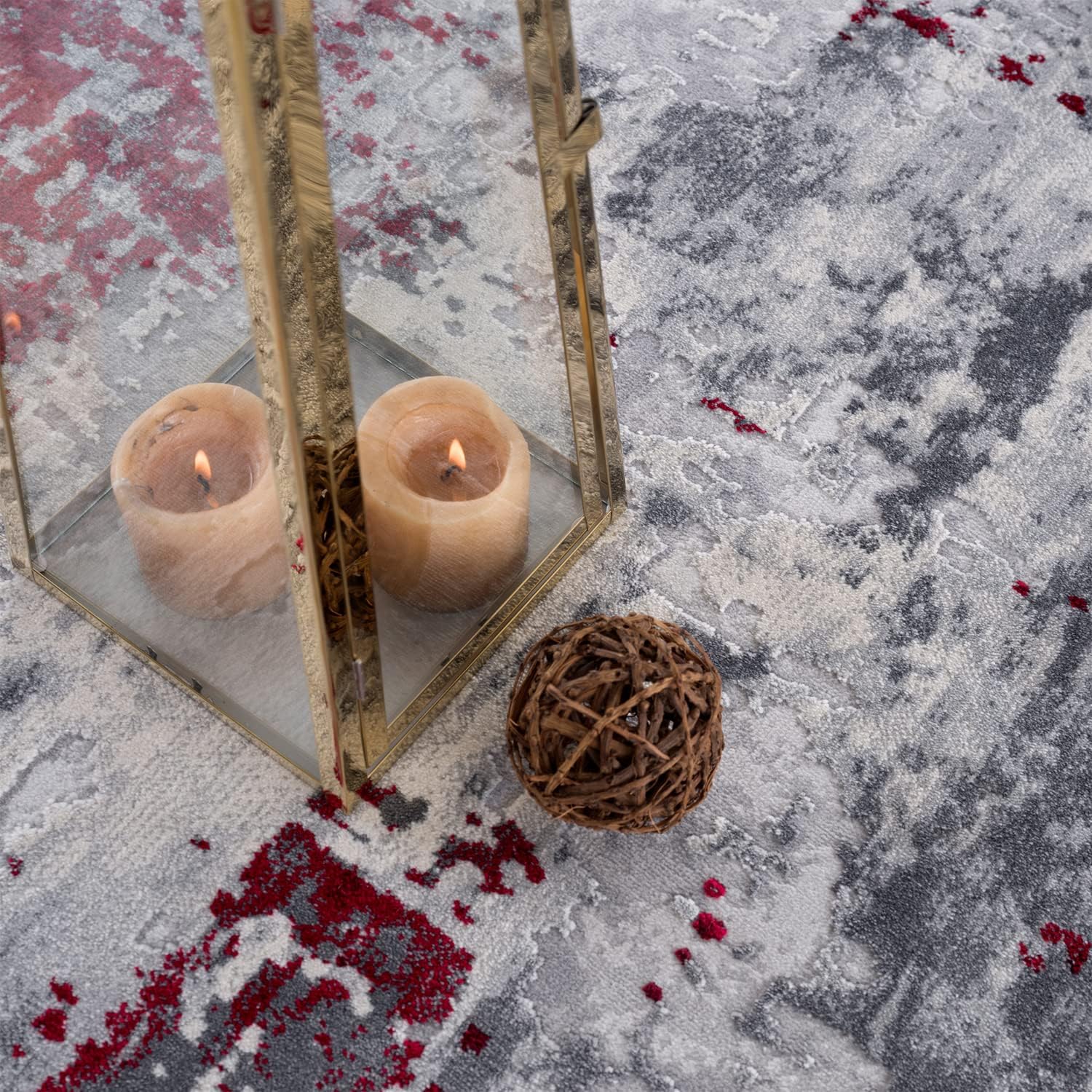 Textured rug with lantern and candles