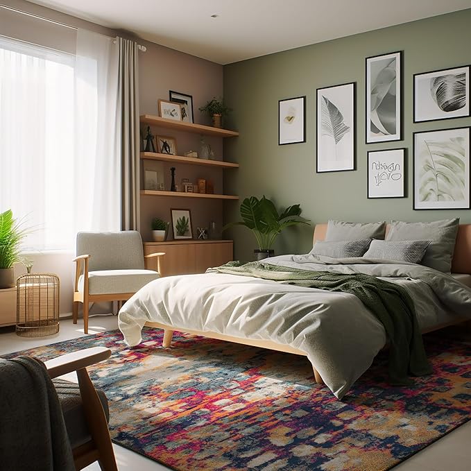 Cozy bedroom with plants and colorful rug.