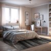 Cozy bedroom with bed, desk, and decor.