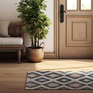 Cozy entrance with potted plant and patterned rug.